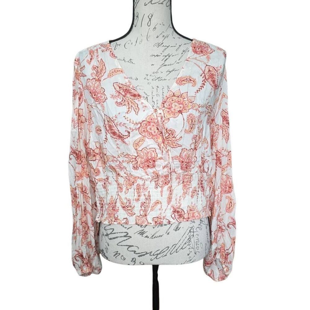 Express Women's Size Large Pink Cream Silver Paisley Print Peasant Blouse